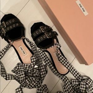 Miu Miu Lace-up velvet ballet slippers